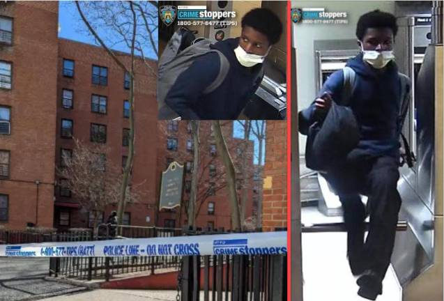 Left: Vladeck Houses in March 2025, after a cop was shot there serving a warrant. Right and top: Wanted for robbery and assault on a Wall Street 3 train.