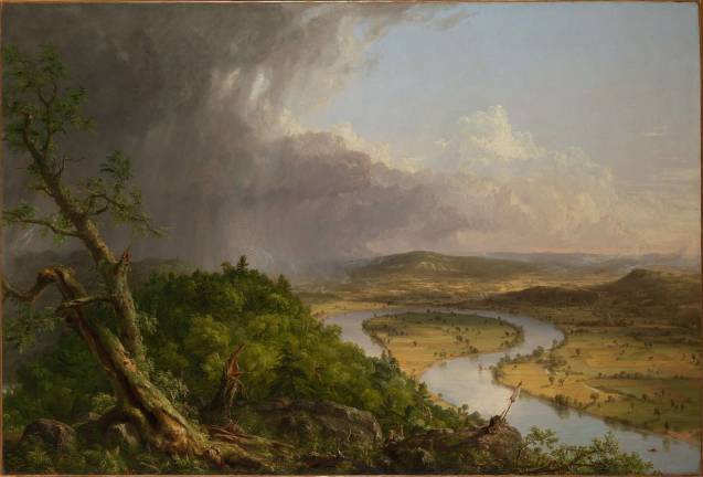Thomas Cole (American [born England], Lancashire 1801–1848 Catskill, New York). "View from Mount Holyoke, Northampton, Massachusetts, after a Thunderstorm — The Oxbow," 1836. Oil on canvas, 51 1/2 x 76 in. (130.8 x 193 cm). The Metropolitan Museum of Art, New York, Gift of Mrs. Russell Sage, 1908 (08.228). Image © The Metropolitan Museum of Art