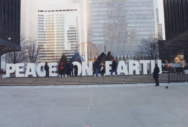This “Peace on Earth” sign was first installed in 1998 on the steps of the plaza between the Twin Towers and became a centerpiece of the holiday festivities at the World Trade Center.