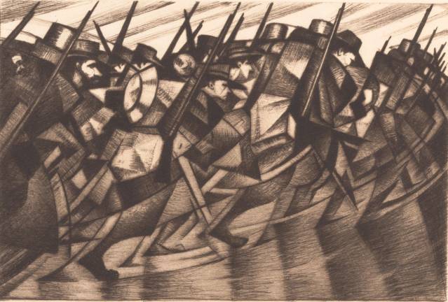 Christopher Richard Wynne Nevinson (British, London 1889–1946 London). “Returning to the Trenches,” 1916. Print. Drypoint; Plate: 6 in. × 8 1/16 in. (15.2 × 20.4 cm); Sheet: 8 3/8 in. × 11 in. (21.3 × 28 cm). The Metropolitan Museum of Art, Rogers Fund, 1968