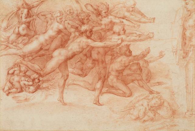 Michelangelo Buonarroti (Italian, Caprese 1475–1564 Rome). "Archers Shooting at a Herm." 1530–33. Drawing, red chalk; 8 5/8 x 12 11/16 in. ROYAL COLLECTION TRUST/© HER MAJESTY QUEEN ELIZABETH II 2017. www.royalcollection.org.uk"www.royalcollection.org.uk