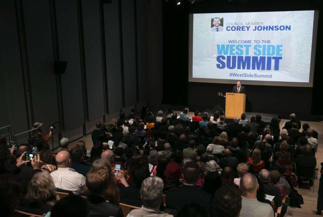 During his third annual district-wide address, Council Member Corey Johnson touted his accomplishments and spoke out against President Donald Trump. Photo courtesy of Johnson's office
