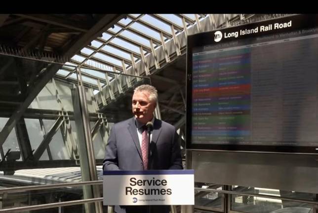 LIRR President Robert Free announced the resumption of trains to Long Island shortly before Noon on May 19. He said by 4 p.m., there would be a full complement of afternoon rush hour trains
