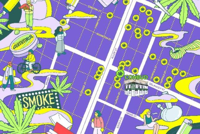 A map shows unlicensed Lower East Side cannabis shops near state sanctioned smoke shop Conbud. Credit: Illustration by Naomi Otsu