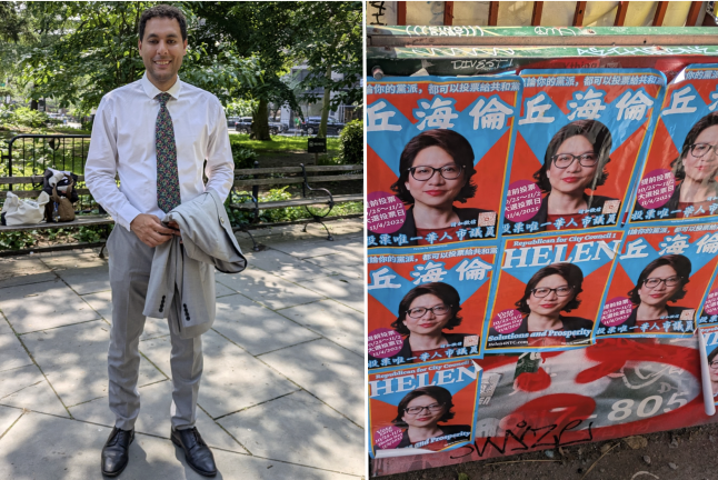Left: Christopher Marte in City Hall Park; Right: Helen Qiu flyers on East Broadway.