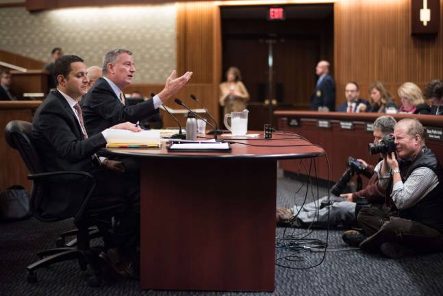 Mayor Bill de Blasio delivers testimony on the New York City budget before members of the New York State Assembly and Senate during a joint budget hearing at the Legislative Office Building in Albany on Jan. 30. Photo: Michael Appleton/Mayoral Photography Office