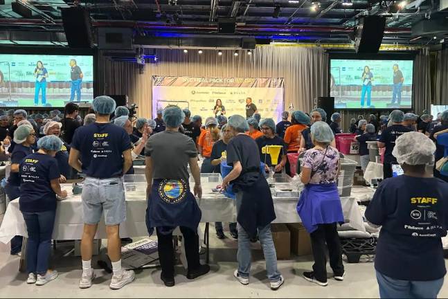 Volunteers get their marching orders for the two-day National Service Day event organized by 9/11Day.org aboard the <i>Intrepid</i> Museum.