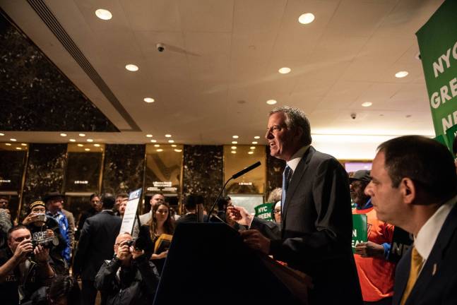 Mayor Bill de Blasio speaks at a May 13 event in Trump Tower in Manhattan, days before he announced his presidential campaign. Photo: Michael Appleton/Mayoral Photography