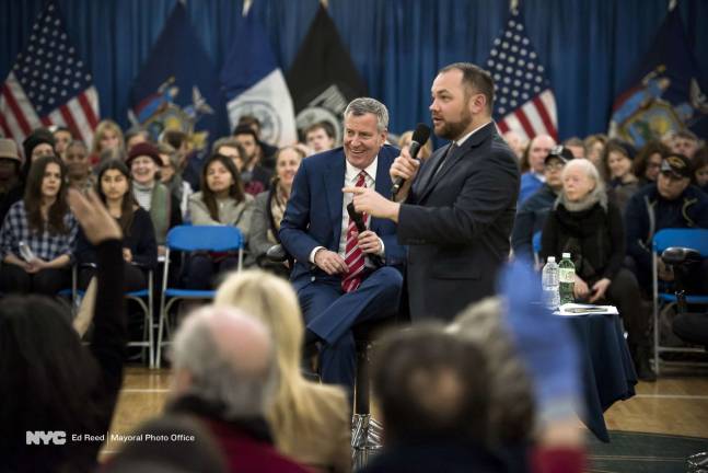Mayor Bill de Blasio with Council Member Corey Johnson at town hall in Chelsea on March 15. Photo: Ed Reed/Mayoral Photo Office
