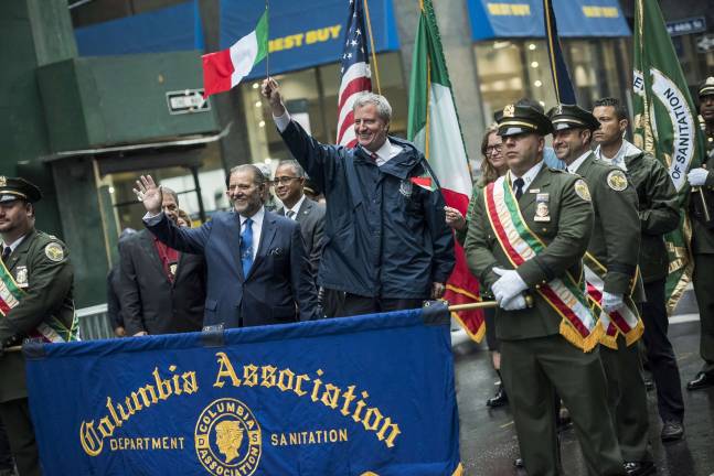 The day before the debate, Mayor Bill de Blasio marched in the Columbus Day parade on Fifth Avenue. Photo: Ed Reed/Mayoral Photography Office