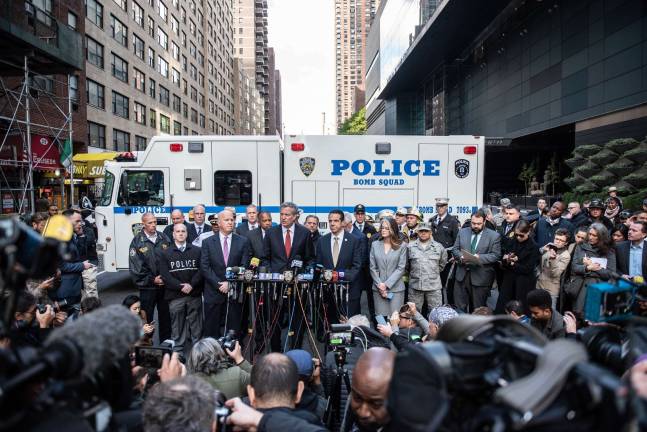 “Let’s just say this to all public officials of all partisan affiliations: don’t encourage violence, don’t encourage hatred, don’t encourage attacks on media,” Mayor Bill de Blasio said at a press conference outside the Time Warner Center. Photo: Michael Appleton/Mayoral Photography Office