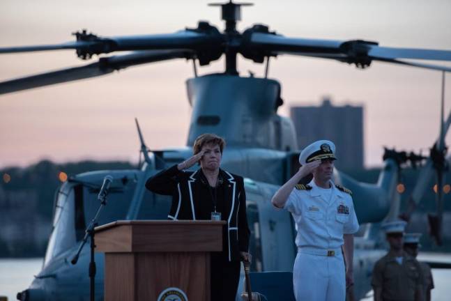 Onboard the USS Arlington, docked off Midtown Manhattan, Brigadier General (Ret.) Loree Sutton, Commissioner for NYC's Department of Veterans' Services, joined the Mayor on May 23, 2018 to help kick off the 30th annual Fleet Week New York.