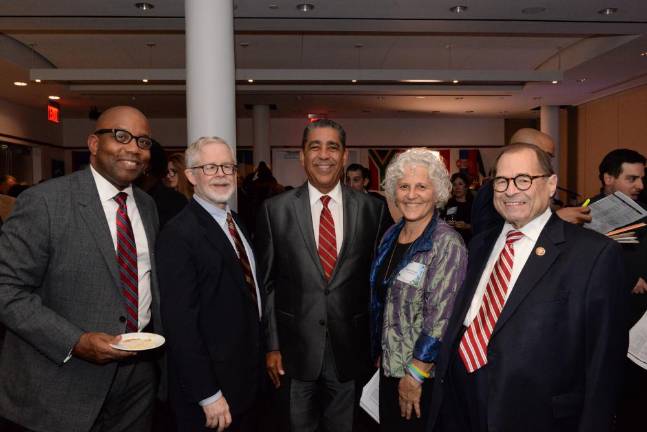 From left to right: NY1's Errol Louis, State Assembly Member Dick Gottfried, U.S. Rep. Adriano Espaillat, Jeanne Straus, U.S. Rep. Jerrold Nadler.