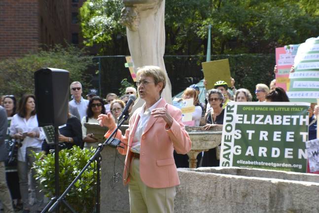 Assembly Member Deborah Glick speaks to protect the park at a Sept. 21 rally. Photo: Diamond Naga Siu