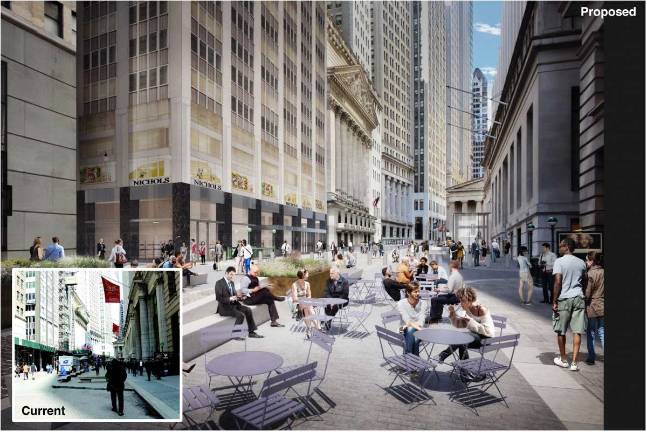Renderings released by Downtown Alliance show the Charging Bull statue relocated from Bowling Green to the corner of Wall and Broad Streets. Curbless streets and new seating areas are among a new report’s recommendations to make the area surrounding the New York Stock Exchange more open and welcoming to pedestrians. Rendering: WXY Architecture + Urban Design