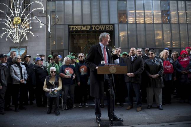 Mayor Bill de Blasio denounces "Trumpism" and rails against the “scam” GOP tax plan at a rally with seniors and union workers outside Trump Tower on November 21st. Photo: Ed Reed / Mayoral Photo Office, via flickr