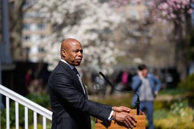 Eric Adams addresses the press outside Gracie Mansion April 2 after a federal district court judge issued a ruling that allowed the Trump Department of Justice to kill the criminal corruption case against the mayor filed last September.