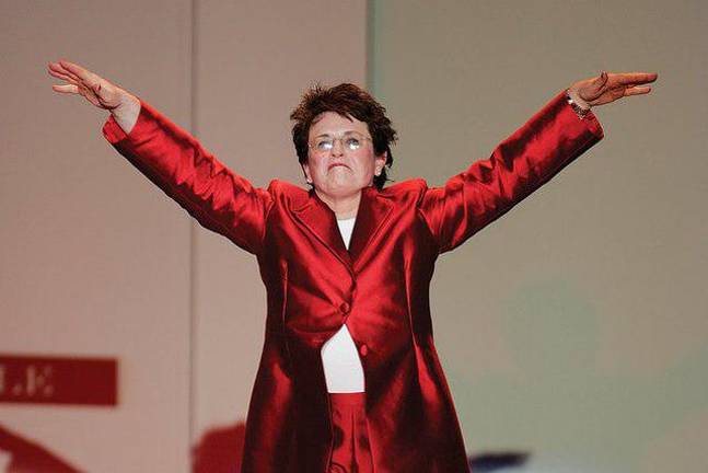 Billie Jean King models the Heart Truth Red Dress, part of a federal campaign to raise awareness of heart disease and stroke among women, during Fashion Week in New York in 2007.