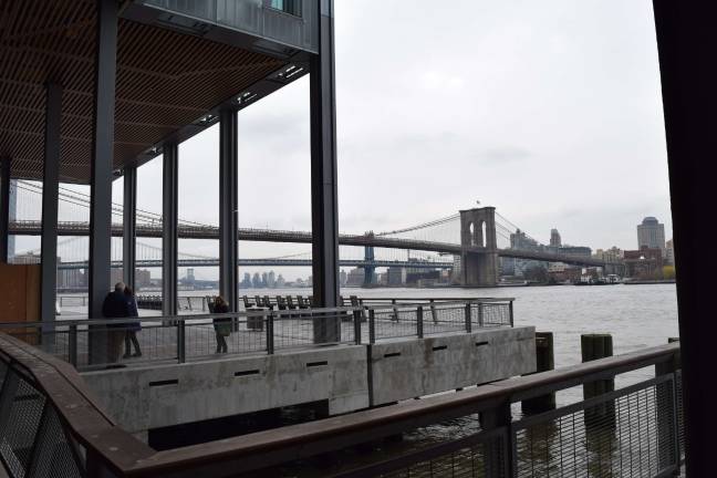Views of the East River bridges, downtown skyline and Brooklyn waterfront will be among the offerings at the new multipurpose commercial space set to open next month at Pier 17. Photo: Michael Garofalo