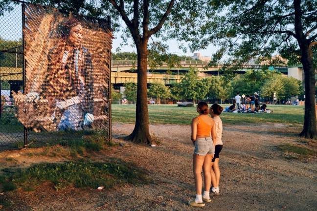 Glen Wilson’s work on display in Riverside Park as part of the “Re:Growth” exhibit, curated by Karin Bravin. Photo: George de Castro-Day