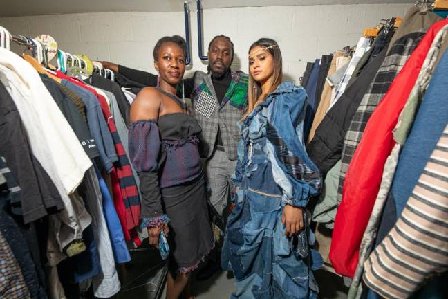 Designers Jen Mason, The Urban Sewing Society and Justin Haynes, JUS10H at the Sustainable Fashion Community Center, which hosts clothing swaps at 1795 Lexington Ave., space donated by Scott Metzner of Janus Propeties through Chashama. Photo: Sasha Charoensub