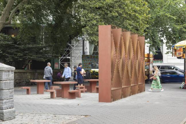 Edra Soto’s “<i>Graft</i>,” 2024, presented by the Public Art Fund at Doris C. Freedman Plaza, will be on view through Aug. 24.