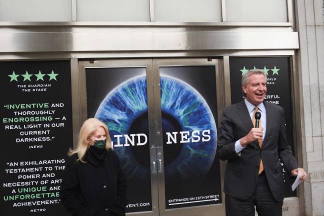 Mayor Bill de Blasio at the opening of “Blindness” at the Daryl Roth Theatre on April 2, 2021. Photo: Michael Appleton/Mayoral Photography Office