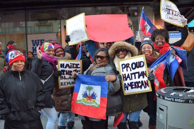 Anti-racism rally in Times Square on Martin Luther King Jr. Day following reports of President Donald Trump’s disparaging comments about Haiti and other countries. Photo: Michael Garofalo