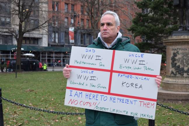 Brooklyn resident and lifelong New Yorker Robert Liebowitz was one of about 60 people attending a rally protesting a proposed budget cut to the Veterans Services agency in front of City Hall on Feb. 1. Photo: Razi Syed