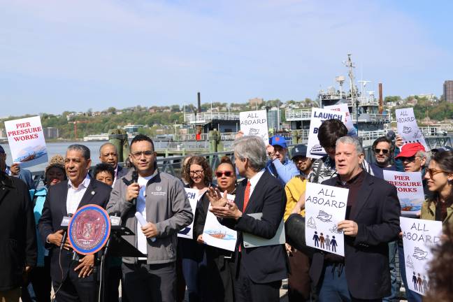 City Council Member Shaun Abreu is pushing a new ferry service from the UWS to New Jersey during the World Cup in a bid to offset the $150 train tickets being push by NJ Transit. He appears alongsid U.S. Representative Adriano Espaillat (left) and Manhattan Borough President Brad Hoylman-Sigal (right).