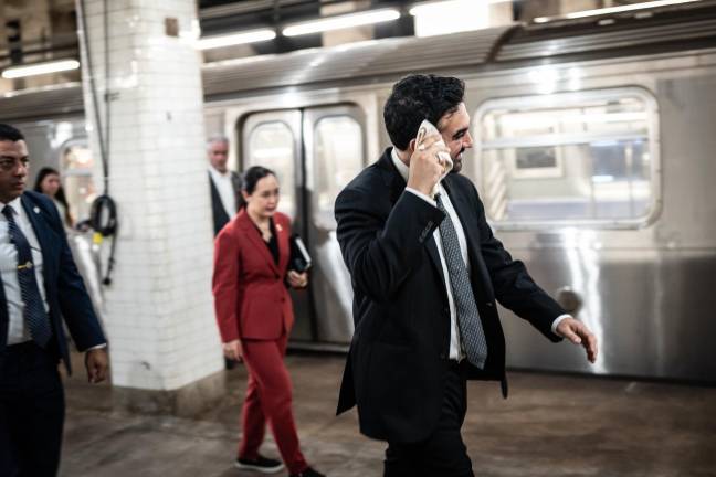 An $800,000 feasibility study on such a “thermal energy system” at the Lower Manhattan station is underway, with Mayor Zohran Mamdani (above) needing to cool off during an August 10 presser held there.
