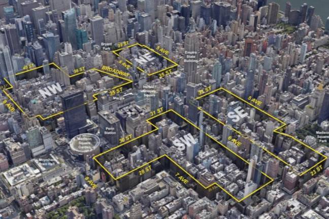 <i>Artist rendering of the areas targeted by the sweeping new rezoning proposal passed unanimously by the City Council on Aug. 14. It aims to build 9,500 housing units in parts of the city that are largely zoned for commercial use currently and establish a 34th Street busway. </i>
