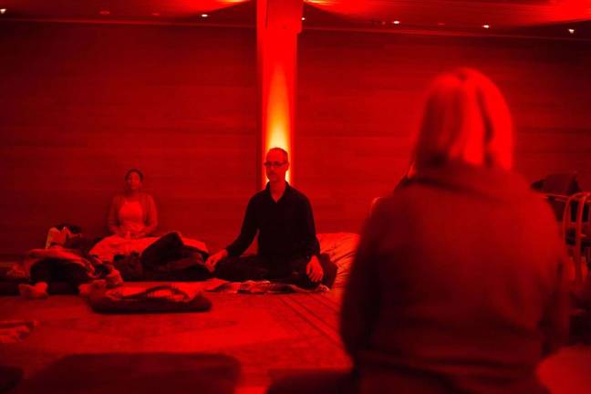 Listeners enjoying “9 Beet Stretch” in the Rubin Museum’s theater space. Photo: Asya Danilova