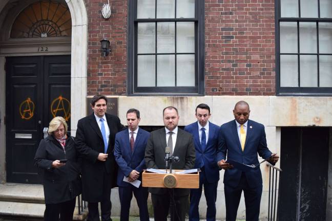 Elected leaders gathered at the Metropolitan Republican Club for a press briefing on Monday. From left: Assembly Member Rebecca Seawright, Council Member Ben Kallos, Assembly Member Dan Quart, Council Speaker Corey Johnson, Council Member Keith Powers and Council Member Donovan Richards. Photo: Michael Garofalo