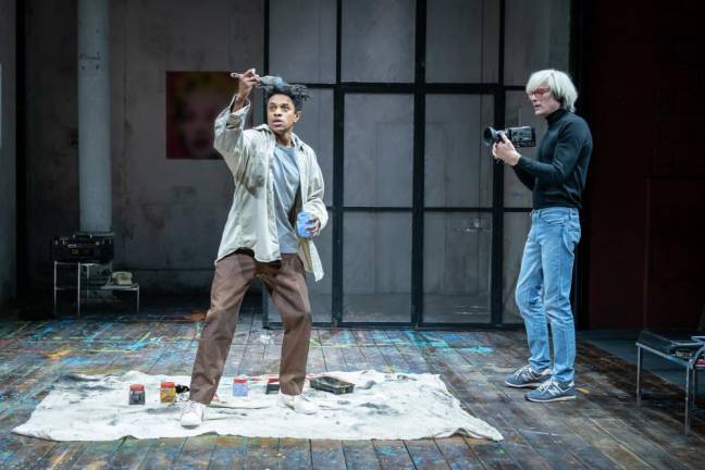 Jeremy Pope (left) and Paul Bettany (right) performing in “The Collaboration” at the Young Vic in London. Photo: Mark Brenner