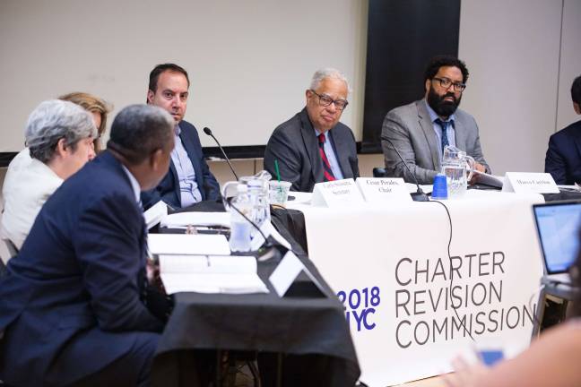 The mayoral Charter Revision Commission voted to present voters with potential changes to the city’s campaign finance laws, community board appointment process, and civic engagement activities. “This Commission set out to identify proposals designed to improve civic life in New York City and, through an extensive and thoughtful process, that is just what we have done,” Cesar Perales (second from right), the commission’s chair, said in a statement. Photo: Benjamin Kanter/Mayoral Photo Office
