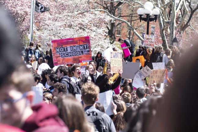 Friday marked the 19th anniversary of the shooting at Columbine High School in Colorado when two students killed 12 of their classmates and one teacher. To commemorate the anniversary, students from throughout New York City and the country walked out of classes to call for stronger gun laws, as they did at Washington Square Park, above. Photo: Jeremy Weine