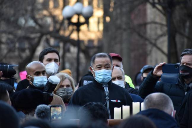 Sen. Jon Liu, the first Asian American elected to the Senate in New York, spoke in Union Square on March 19, and then again in Columbus Park on March 20. Photo: Leah Foreman