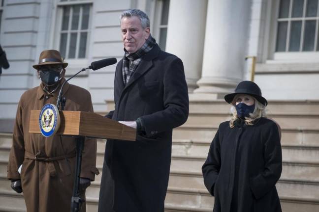 Rep. Carolyn B. Maloney (right) and other members of the NY Congressional delegation with Mayor Bill de Blasio at City Hall on Saturday, January 9, 2021 to demand the impeachment of President Trump. Photo: Ed Reed/Mayoral Photography Office.
