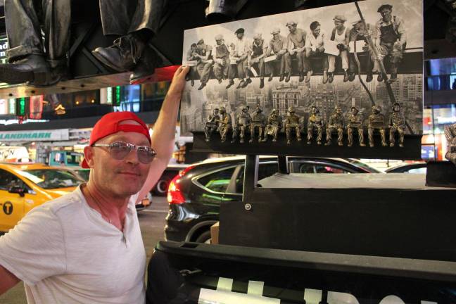 Sergio Furnari with his sculpted replica of Charles Ebbets's photograph. Photo: Rose Lytle