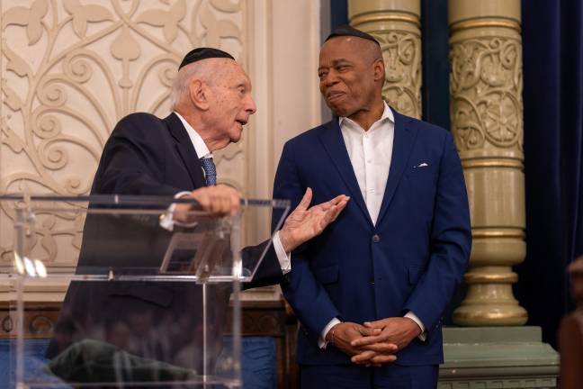 Mayor Eric Adams with Park East Synagogue Rabbi Arthur Schneier, Nov. 24, 2025. Adams was out of the country at the time of the latest protest but released a statement condemning the language of the anti-Israel protesters based on videos of the incident he viewed.