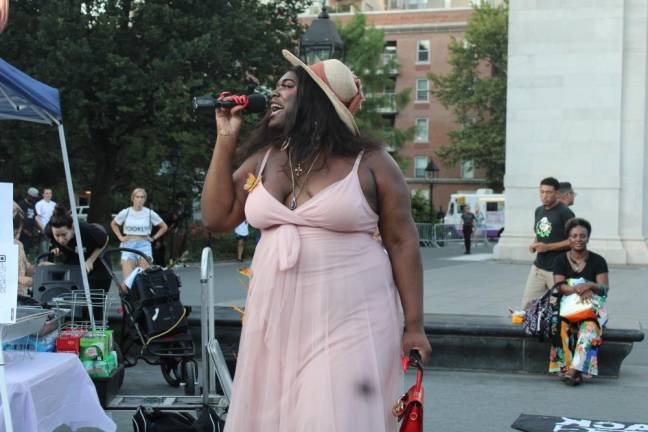 Qween Jean speaking at rally for Marsha P. Johnson’s 77th birthday in Washington Square Park. Photo: Gaby Messino