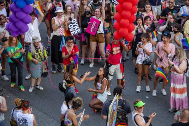 Spectators cheer on a proposal at Pride 2021. Photo: Trish Rooney