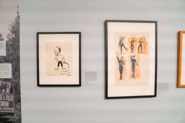 Robbins was famously demanding on performers. Left: A 1958 caricature of Robbins as a taskmaster by Jack Murray, a cast member of the Sharks in “West Side Story.” Right: “West Side Story” costume designs for the Jets by Irene Sharaff, 1957. Photo: Jonathan Blanc/The New York Public Library