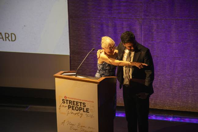 Mayor Zohran Mamdani embraces Mary Beth Kelly during Transportation Alternatives’ annual fundraiser at the New-York Historical Society.