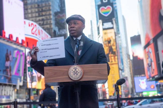Mayor Eric Adams makes a pandemic-related announcement in Times Square on Friday, March 4, 2022. Photo: Michael Appleton/Mayoral Photography Office