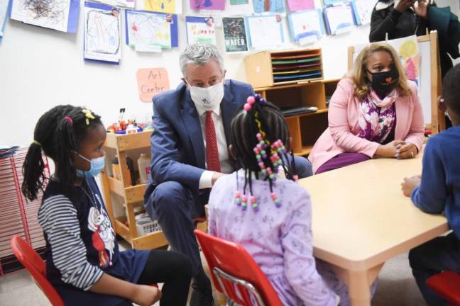 Mayor Bill de Blasio and Schools Chancellor Meisha Porter at Phyl’s Academy in Brooklyn to announce 3K for all and visit Pre-K students in class on March 23, 2021. Photo: Michael Appleton/Mayoral Photography Office