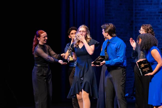 Emersyn Hunt reacting to winning Outstanding Performer for her performance as Beverley Bass in “Come From Away” at the Roger Rees Awards. (Photo: Angela of York)