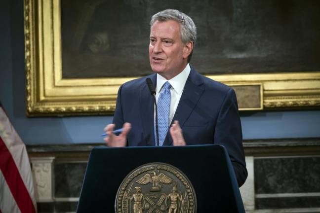 Mayor Bill de Blasio during a coronavirus press briefing on March 16, 2020, the day after his decision to close NYC schools until at least April 20.