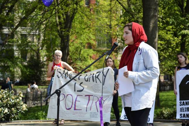 New York University sophomore Nour Obeidallah, a member of the NYU Sanctuary working group, talked about action efforts. Photo: Diamond Naga Siu